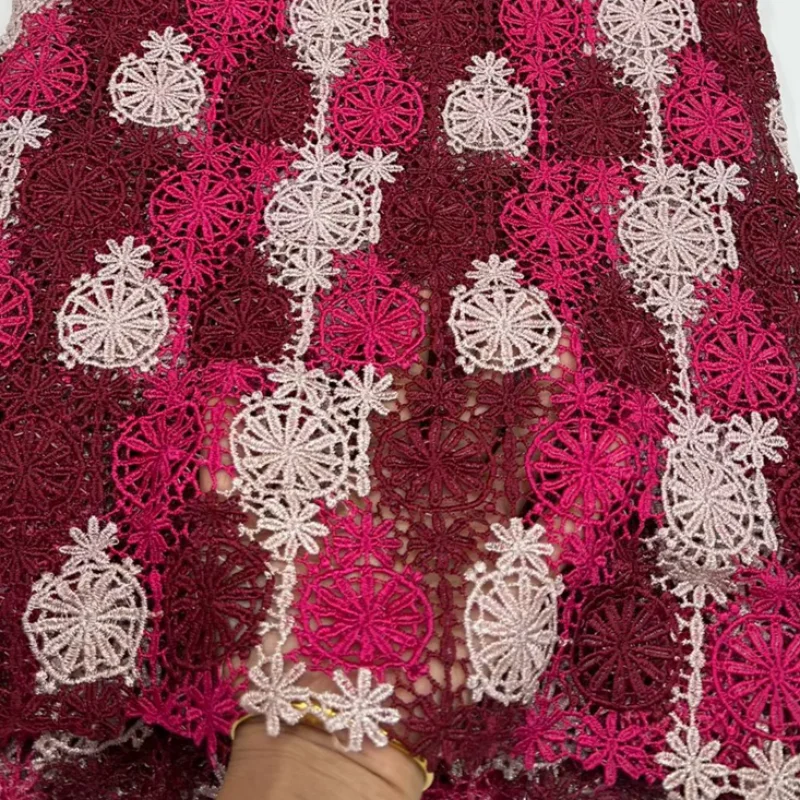 

Tricolor Polyester Shiny Lace Fabric Water Soluble Guipure Embroidered Fabric for Sewing Women’s Daily Dress High Quality 5 Yar