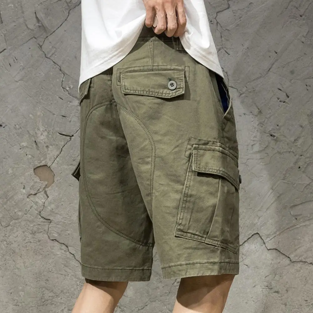 Pantalones cortos de verano con botones y múltiples bolsillos, Shorts Cargo rectos de tiro medio, Color sólido, ropa de calle