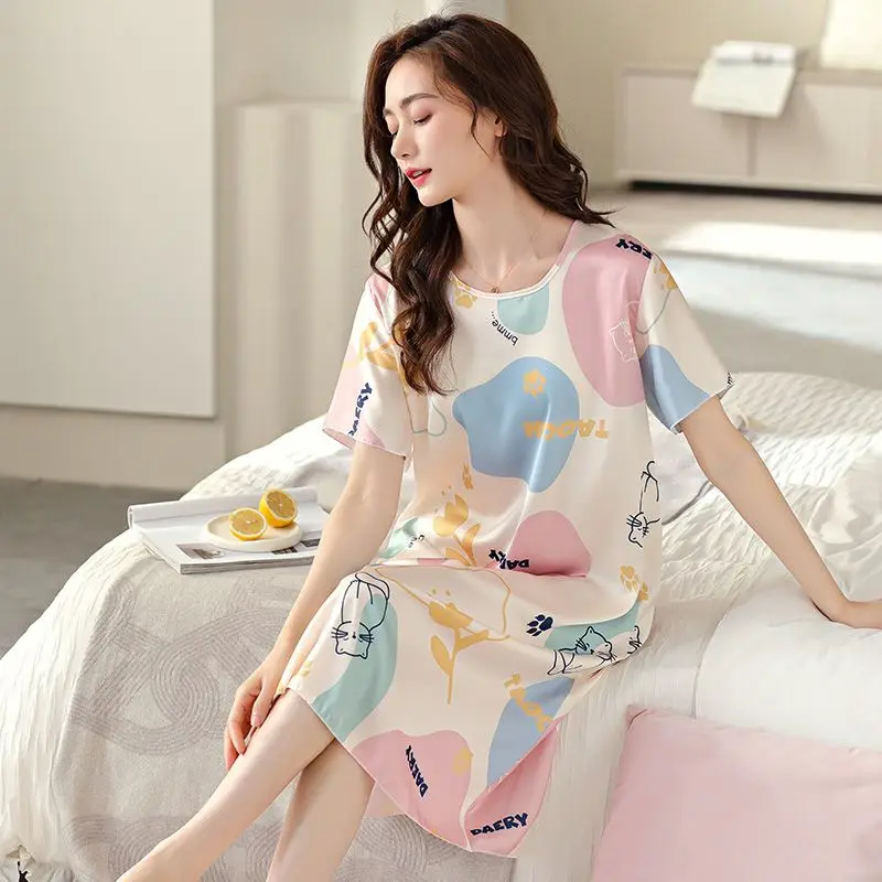 Nightgown Women Summer Ice Silk Pajamas Short Sleeve Thin Silk Sleepwear Large Size Loose Homewear Korean Print Night Wear New