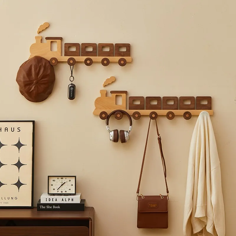 Small train hook cartoon children's room decoration hanger all solid wood entrance creative door back coat rack free of punching