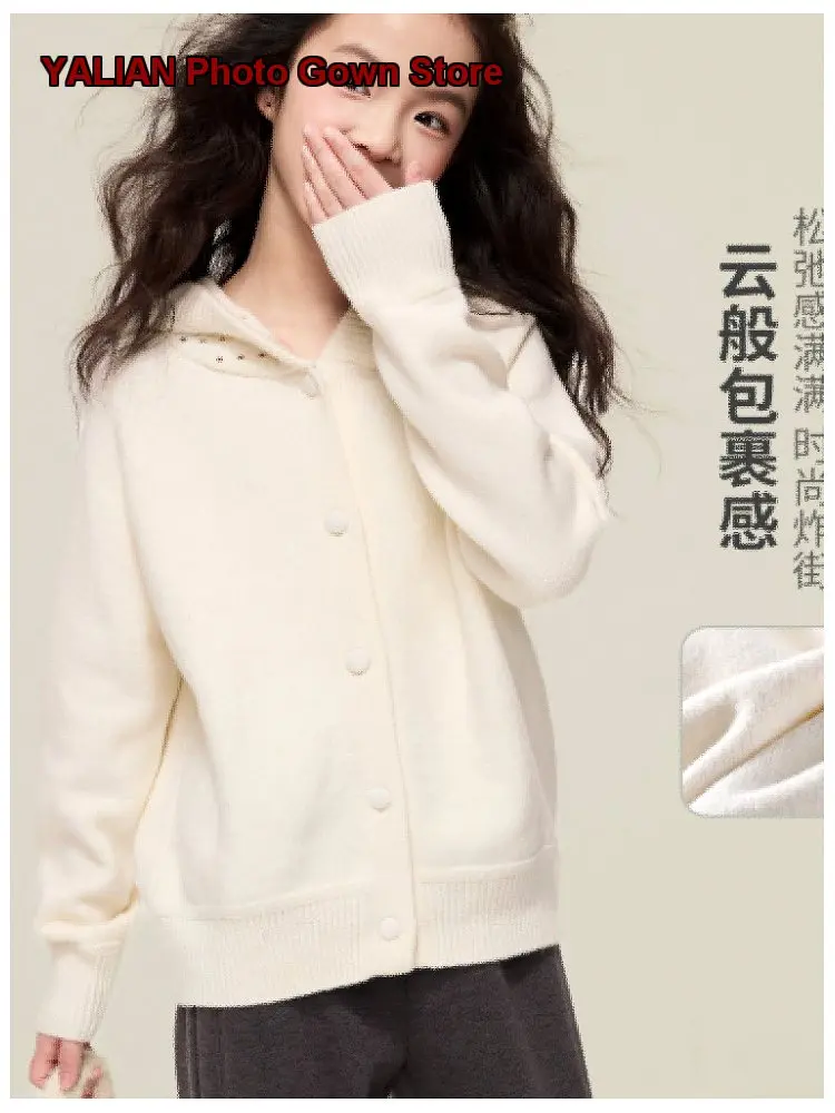 Girls Knit Cardigan Kids Autumn Round Neck Knit Top Solid Color Older Kids