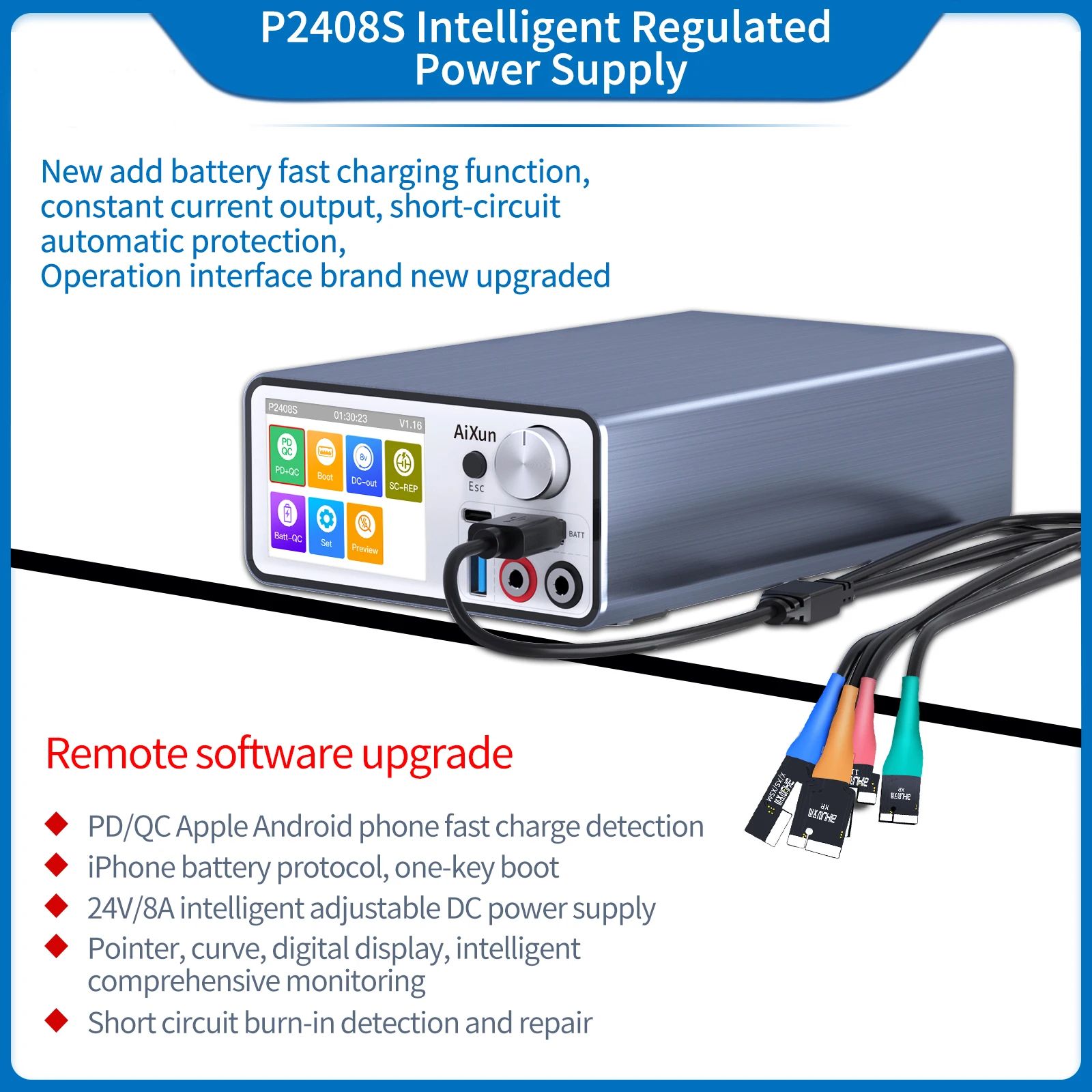 Aixun P2408S Thông Minh Điều Chỉnh Điện Áp Cấp Nguồn Sạc Nhanh Phát Hiện Dây Test Mainboard Ngắn Mạch Bút Thử Điện