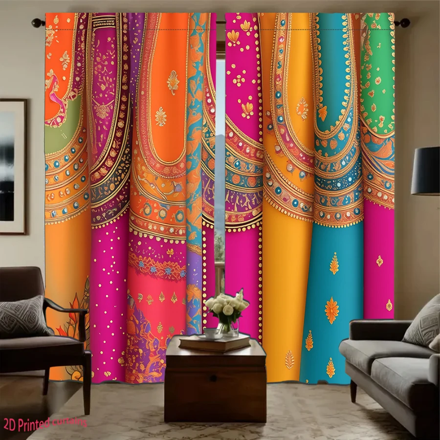 2PCS Digital Print Curtains Indian Ethnic Colorful Pattern Boho Rod Pocket
