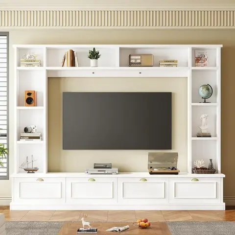 TV용 대형 TV 스탠드, 최대 75 인치, 벽 유닛 엔터테인먼트 센터 미디어 콘솔 TV 캐비닛, 책꽂이 및 보관 캐비닛