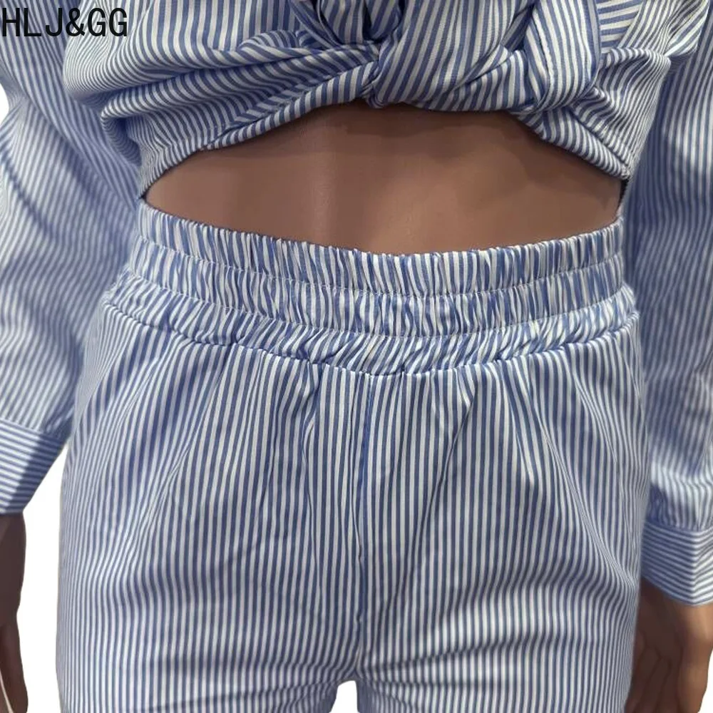 HLJ&GG Elegant Office Lady Stripe Printing Shirts Two Piece Sets Women Turndown Collar Button Long Sleeve Top And Shorts Outfits