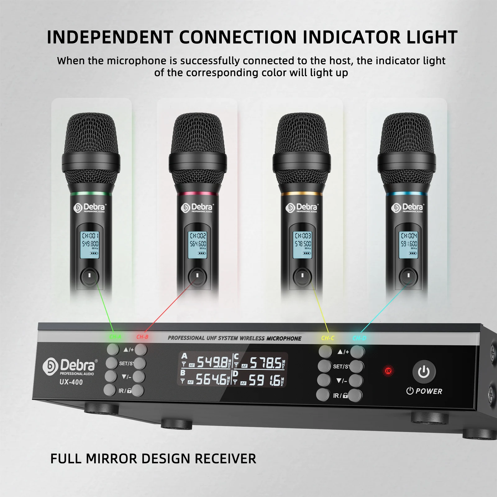 Debra UX-400 Vierkanaliges Mikrofonsystem, UHF Aufladbares Mikrofon, Infrarot-Frequenzpaarung, für Bühnenauftritte – Detail 4