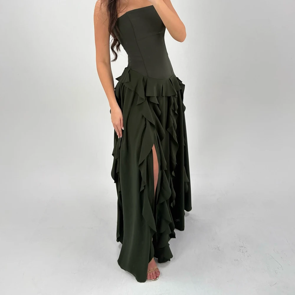 

Customized A-line Evening Dresses Floor-length Strapless Sleeveless Prom Gown Simple Fashion Draped Backless Causal Party Gown