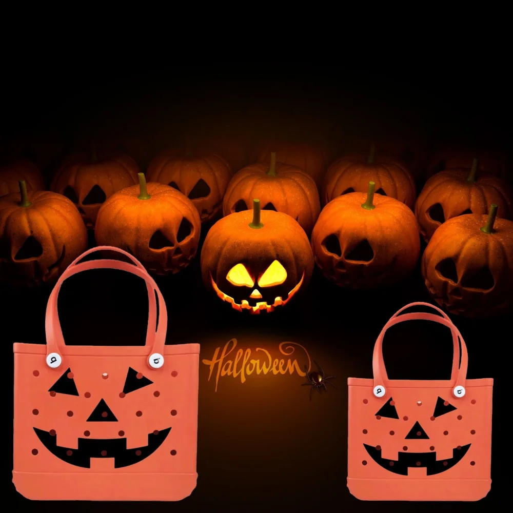 Halloween Pumpkin Tote Bag EVA Bogg Bag For Summer Beach Waterproof Reusable Orange Bag Best Gift For Friends