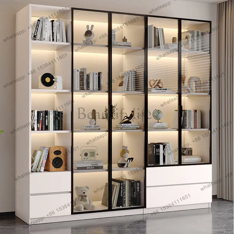 LDModern Living Room Cabinet Bookcase with Glass Doors Sideboards Storage Cabinet Dust Proof Display Cabinet Bookshelf