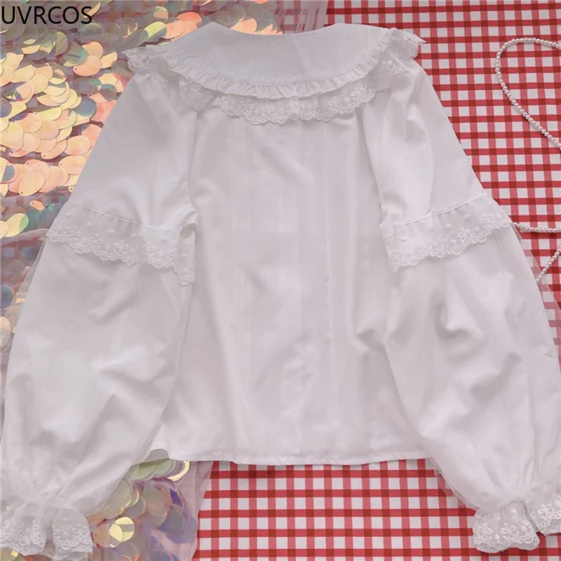 Lolita Camicia Bianca Donna Stile Preppy Carino Colletto Peter Pan Volant di Pizzo JK Camicie Ragazze Dolce Manica Lunga Blusas Top Mujer Y2k