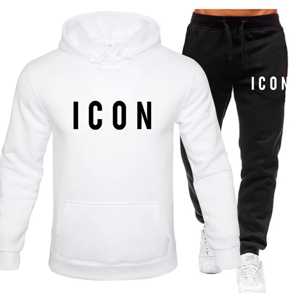 Setelan olahraga pria, baju Jogging Hoodie olahraga kasual harian kualitas tinggi, celana Joger cetak huruf ikon bertudung