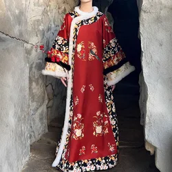 Chinese Traditional Hanfu Costume Qing Dynasty Qipao Lady Thicken Print Flower Long Robe Dress Palace Style Gege Cosplay Garment