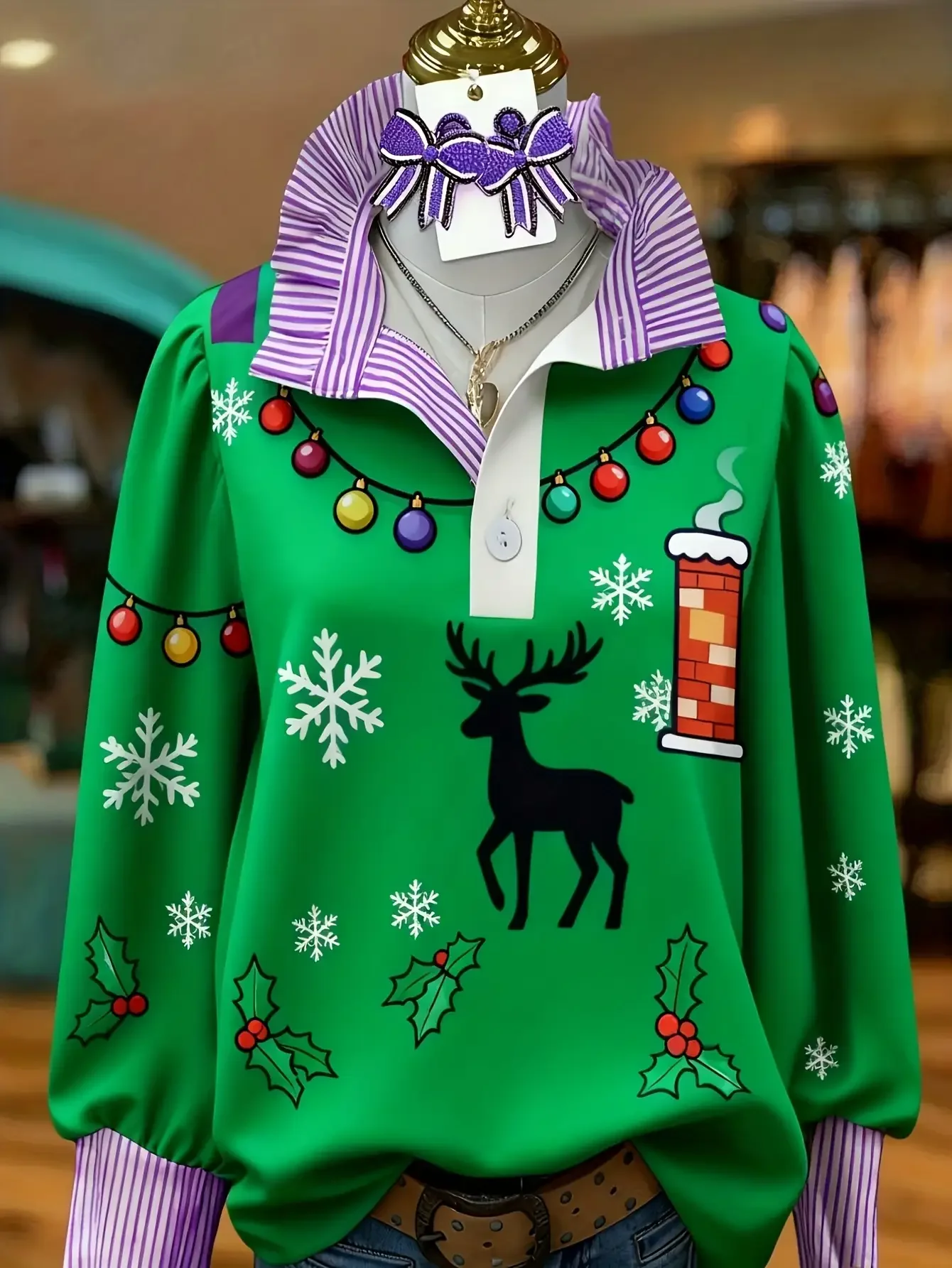 2026 Women's striped retro fashion shirt with multi-color striped collar and Red and black line elements