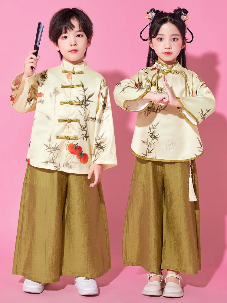 Boys Chinese Tang Suit Kids Hip Hop Clothing Bamboo Print Gold Top Wide Pants for Girls Dance Costume Clothes