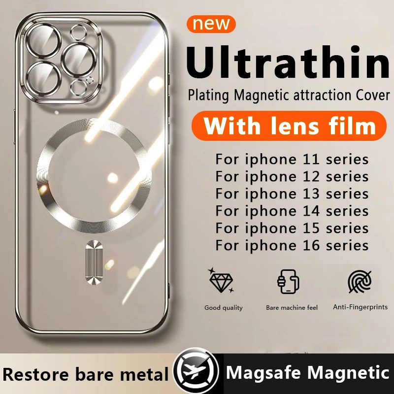 ใหม่อาวุโสชุบเลนส์ฟิล์มโปร่งใสสําหรับiPhone 16 15 14 13 12 11 Pro Max PlusกันกระแทกMagsafeฝาครอบแม่เหล็ก