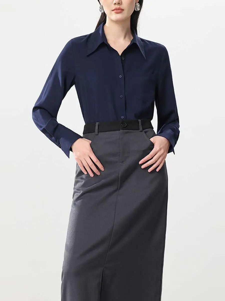 

Ele White Long Sve Women's irt Loose Fit Faionable Top Age-Defng High-End Feel Commute Sle Pure Color