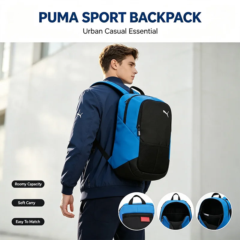 Puma Blue Black Backpack Daily School Backpack Adjustable Shoulder Straps Lightweight Durable Spacious Casual Sport Campus