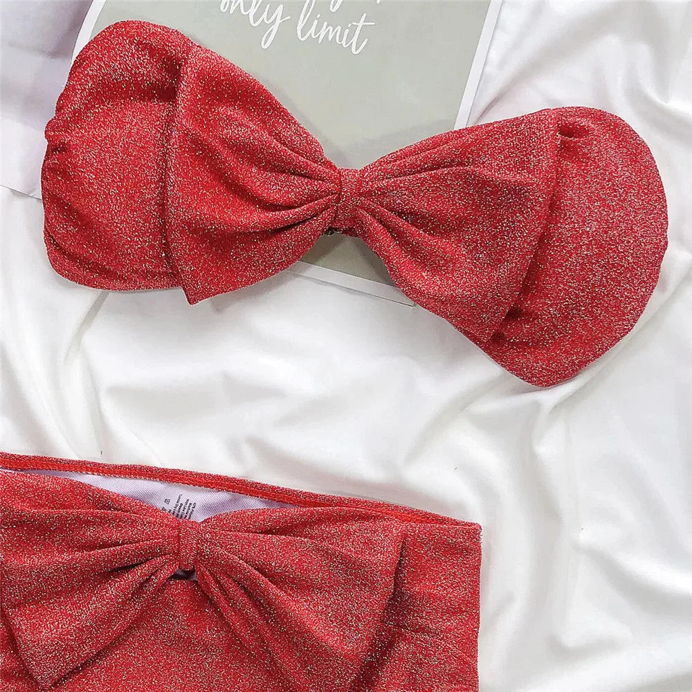 セクシーな赤い光沢のある大きなリボン付き水着、ハイウエストビキニセット、女性用水着2025、水着、水着、バンドゥビキニ、女性用ビキニ