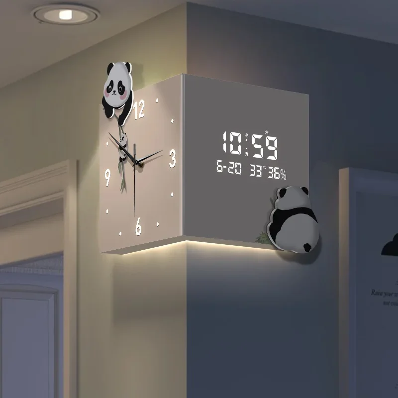 Double-sided Wall Clock Living Room Panda Corner Clock Perpetual Calendar Electronic Screen Corner Clocks Digital Display Clock