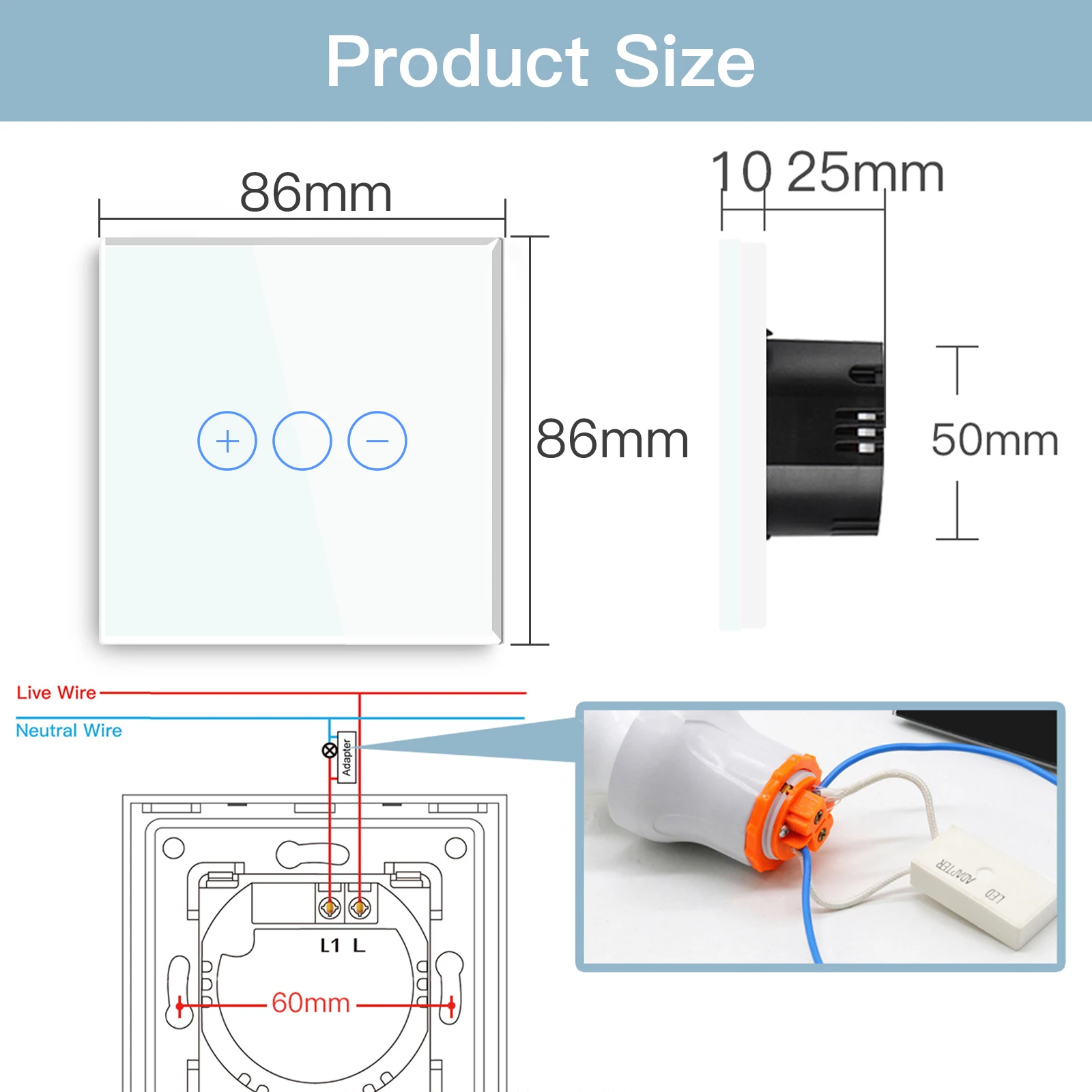 BSEED 1Gang Touch Dimmer Switch 1Way LED Dimmable Switch Wall Sensor Switch Blue Backlight Glass Panel EU Standard 10A