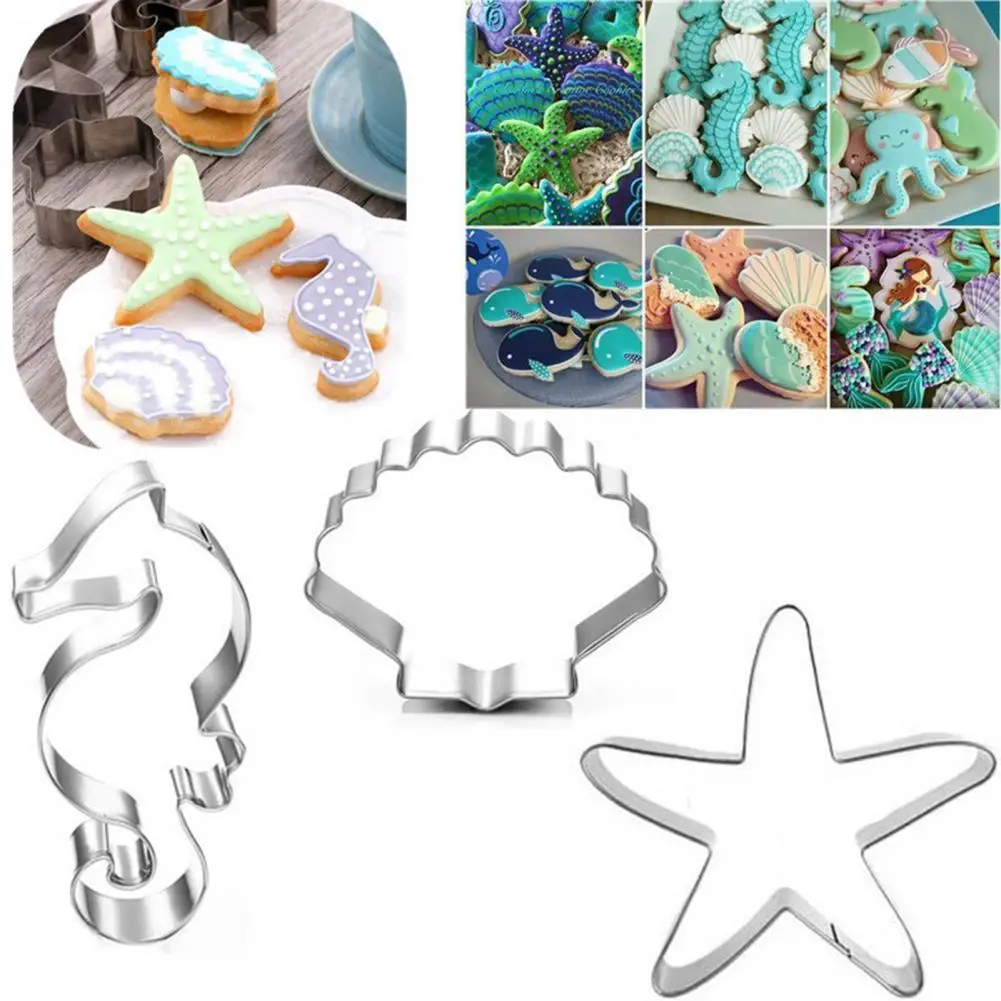 3Pcs/Set Cookie Mold Marine Organism Shape Ornamental Easy To Release Seahorse Starfish Seashells Cookie Cutter Tool For Fondant