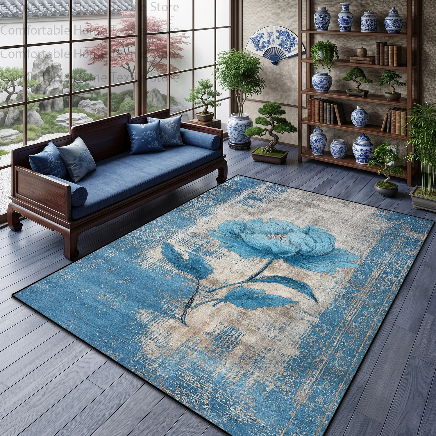 Blue Peony Retro Style Living Room Carpet Decoration Home Easy Clean Fluffy Floor Mat Large Area Non-slip Short Velvet Large Rug