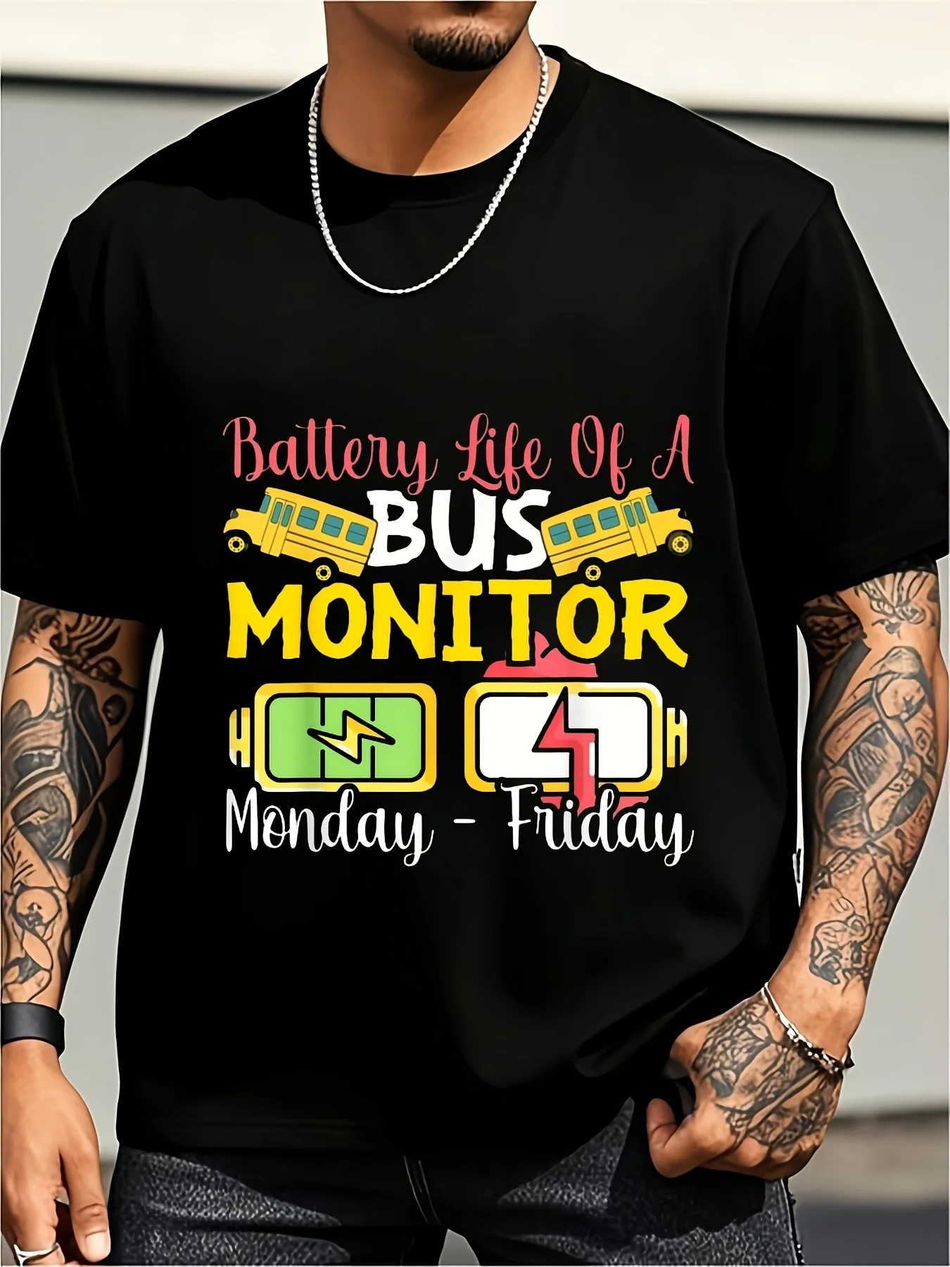 Fun School Bus Guardian Assistant T-Shirt, Premium Version, with School Bus Guardian Life Pattern and Power Strip Design, School Bus Design Unisex Casual Crew Neck T-Shirt, Size Dplus, Retro Casual Printed T-Shirt, Plus Size