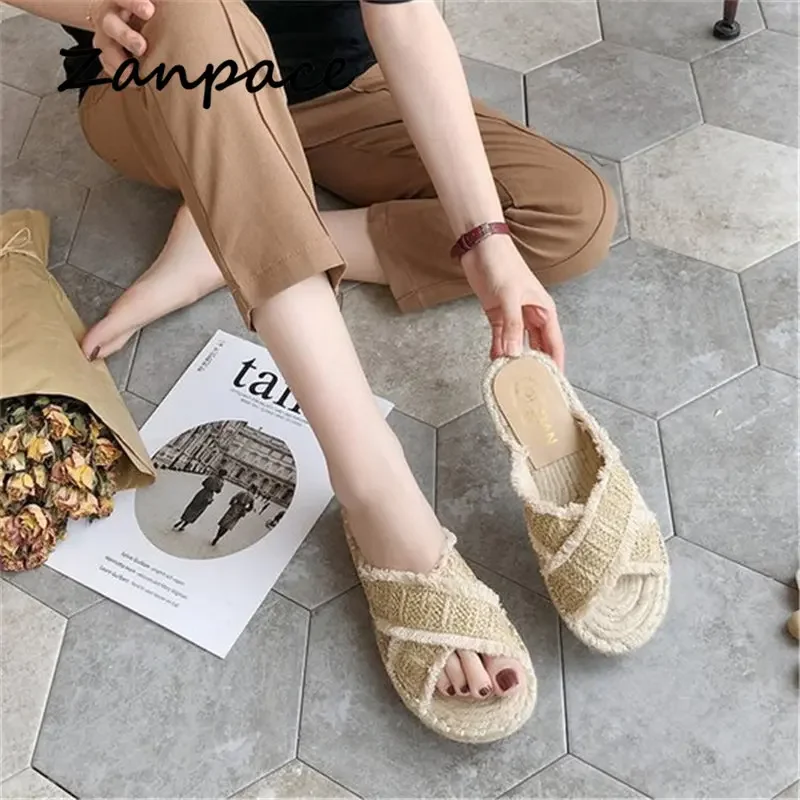 Flat-bottomed Hemp Slippers Women Summer 2024 Korean Version of The Woven Tassel Sandals Outside Shoes Woman Bling Flip Flops