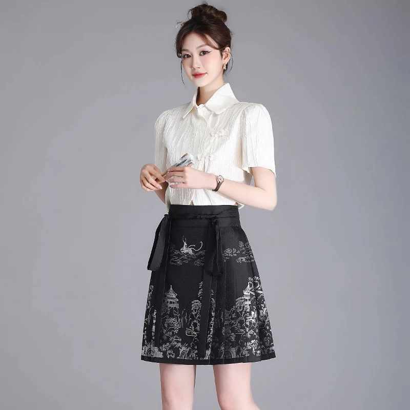 

Zhijin Короткая юбка с имитацией макияжа и цветком в древнем стиле, улучшенная юбка с конским лицом, повседневная одежда для похудения, половина