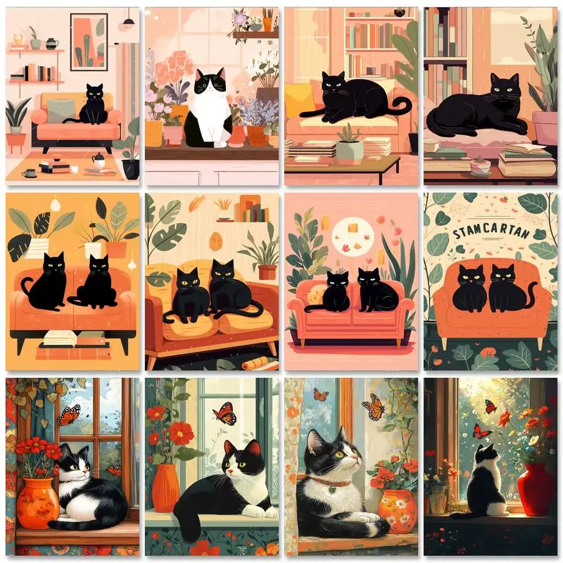 

GATYZTORY Acrylic Paint By Number For Adults Cartoon Cat Coloring By Numbers On Canvas Animal For Living Room Decoration