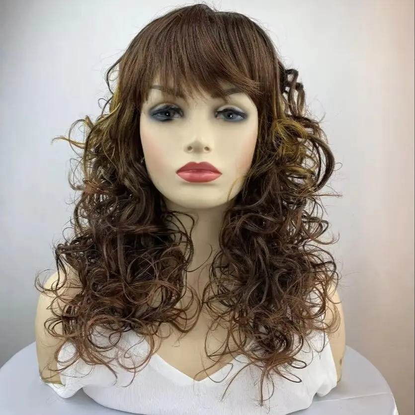 

Fashiomag Long Fluffy Curly Highlight Brown Mix Synthetic Hair Wigs With Bangs Women Soft Natural Daily Use Party Wigs