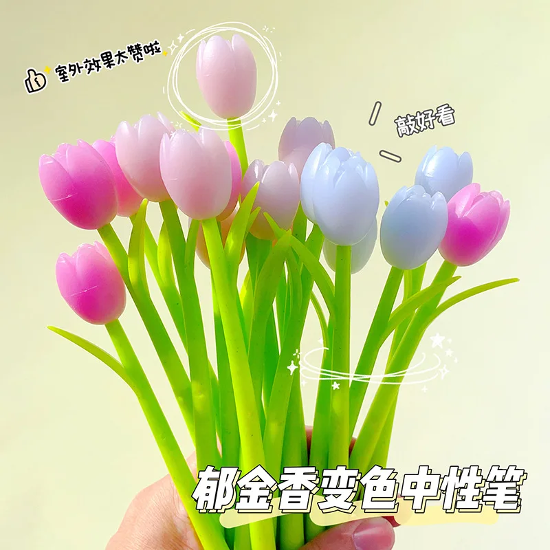 12 Pcs Creative Color Changing Tulip Silicone Black Neutral Pen Small Fresh Cute Student Gift Exam Writing Supplies