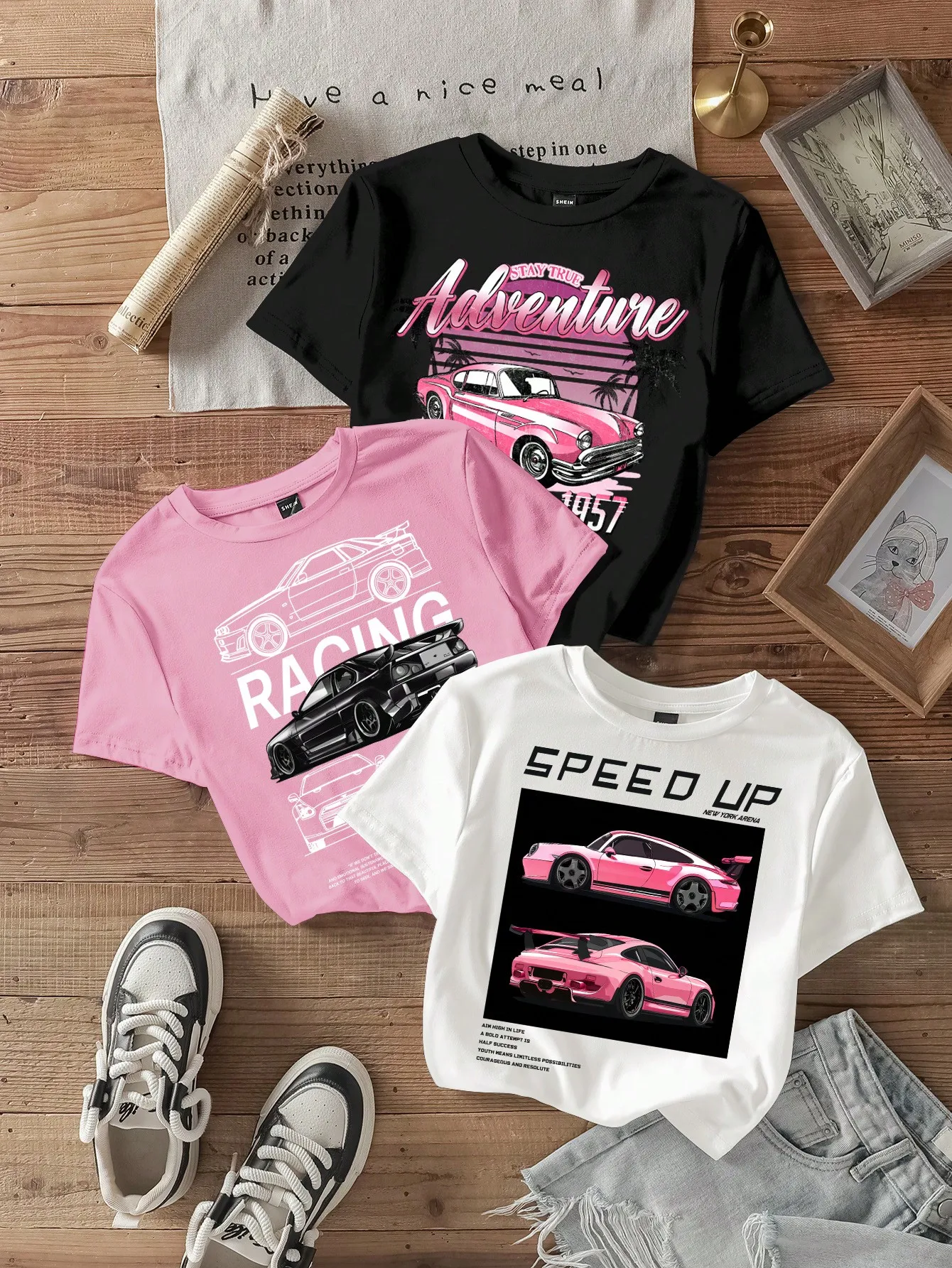 

3pcs Women's Car Graphic Crop Top T-Shirts, Casual Summer Streetwear with Retro & Racing Prints