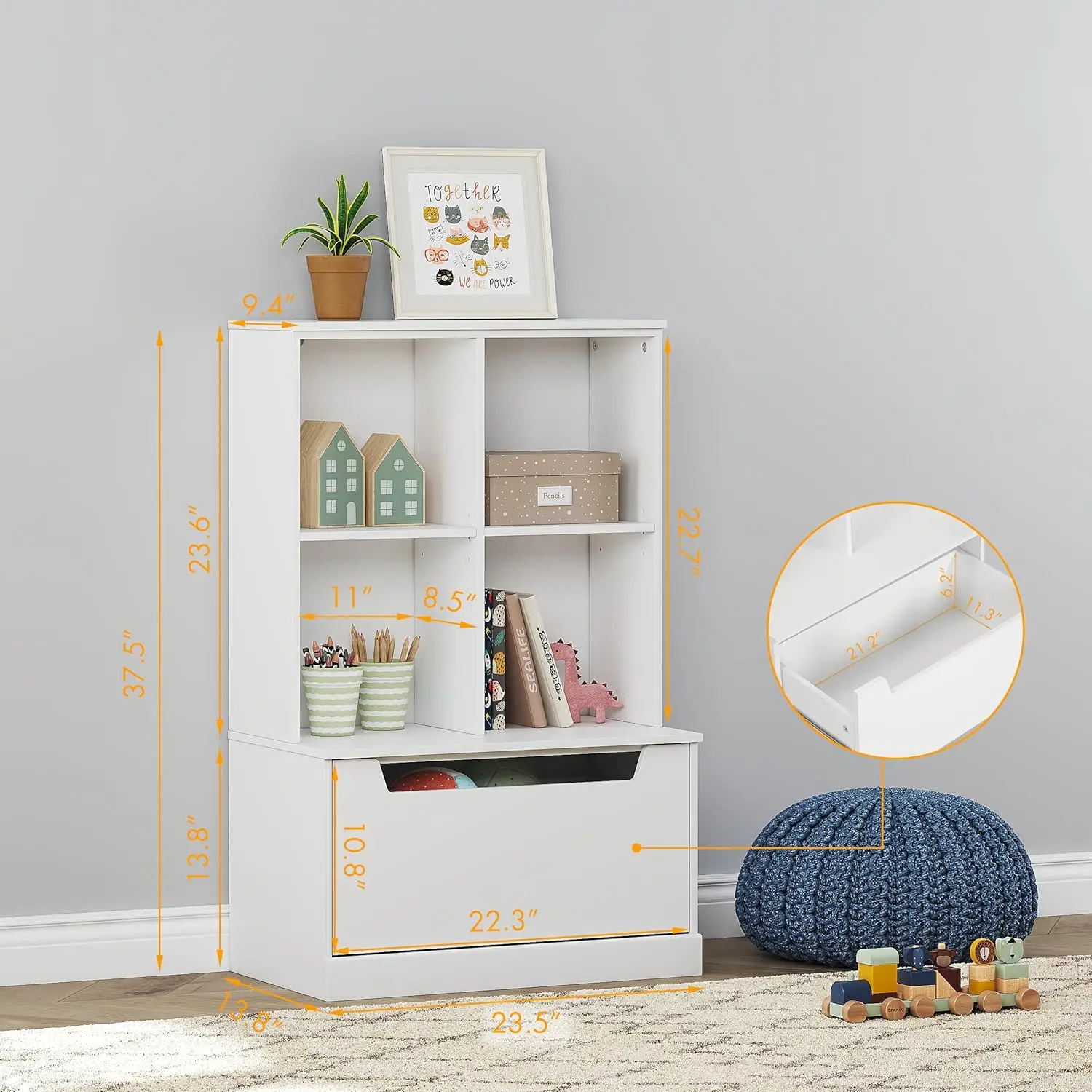 ชั้นวางหนังสือเด็กแบบปรับได้พร้อมลิ้นชัก ที่เก็บของเล่นสำหรับห้องนอน ห้องเด็กเล่น ห้องเด็กอ่อน สีขาว