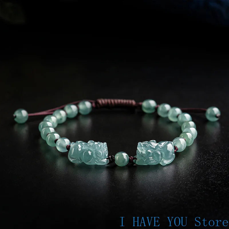 

High Grade Natural A-grade Jade Bracelet Ice Seed Blue Water Pixiu Bracelet Hand Woven Fortune Attracting Female Jade Jewelry