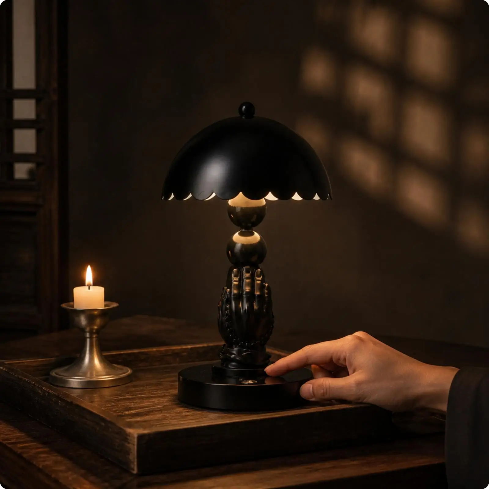 Glossy Black Buddha Night Light Table Lamp with Vaulted Shade for Calm Bedroom Ambience