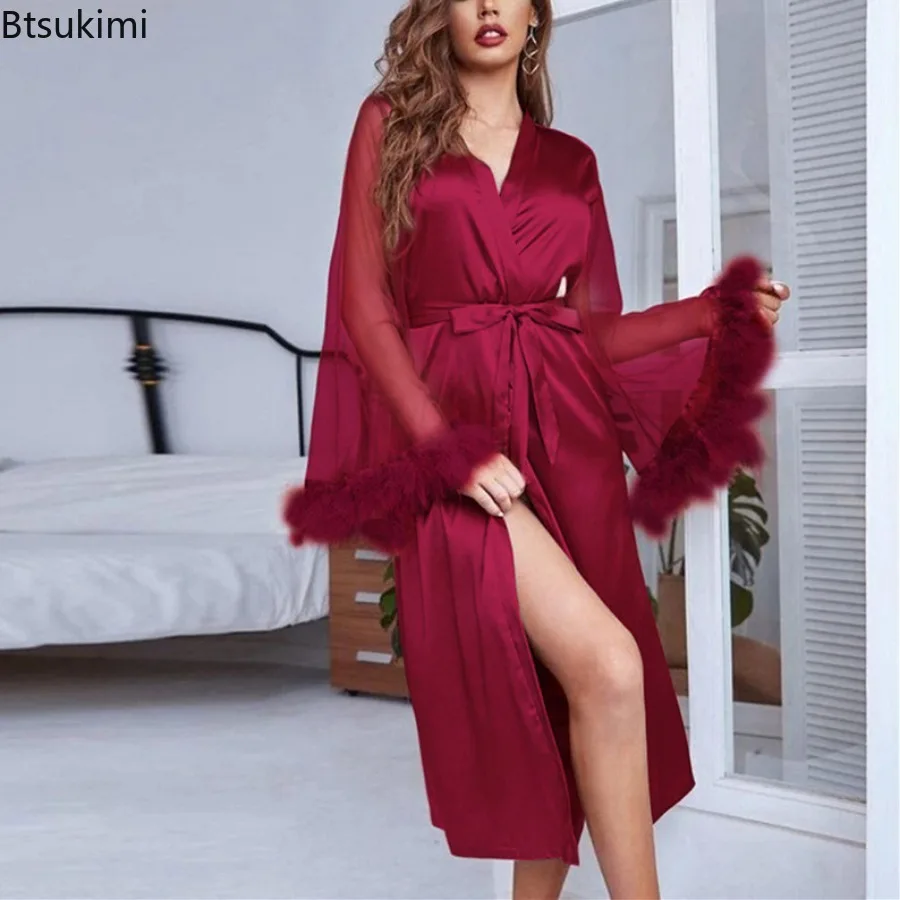 Imitation Silk Feather Long Sleeve Pajamas for Women Simulation Silk Pajamas Nightgown Robe Comfortable Homewear Clothing Female