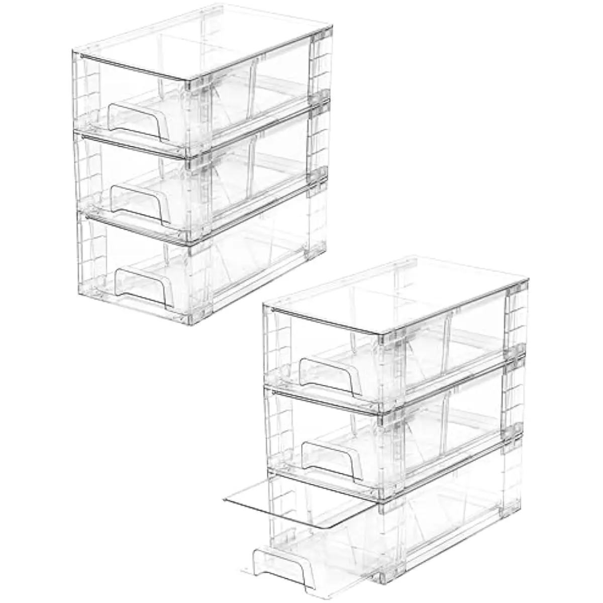 6 Pack Transparent Stackable Drawer Units with Sliding Handles and Adjustable Internal Partitions for Efficient Space Utilizatio