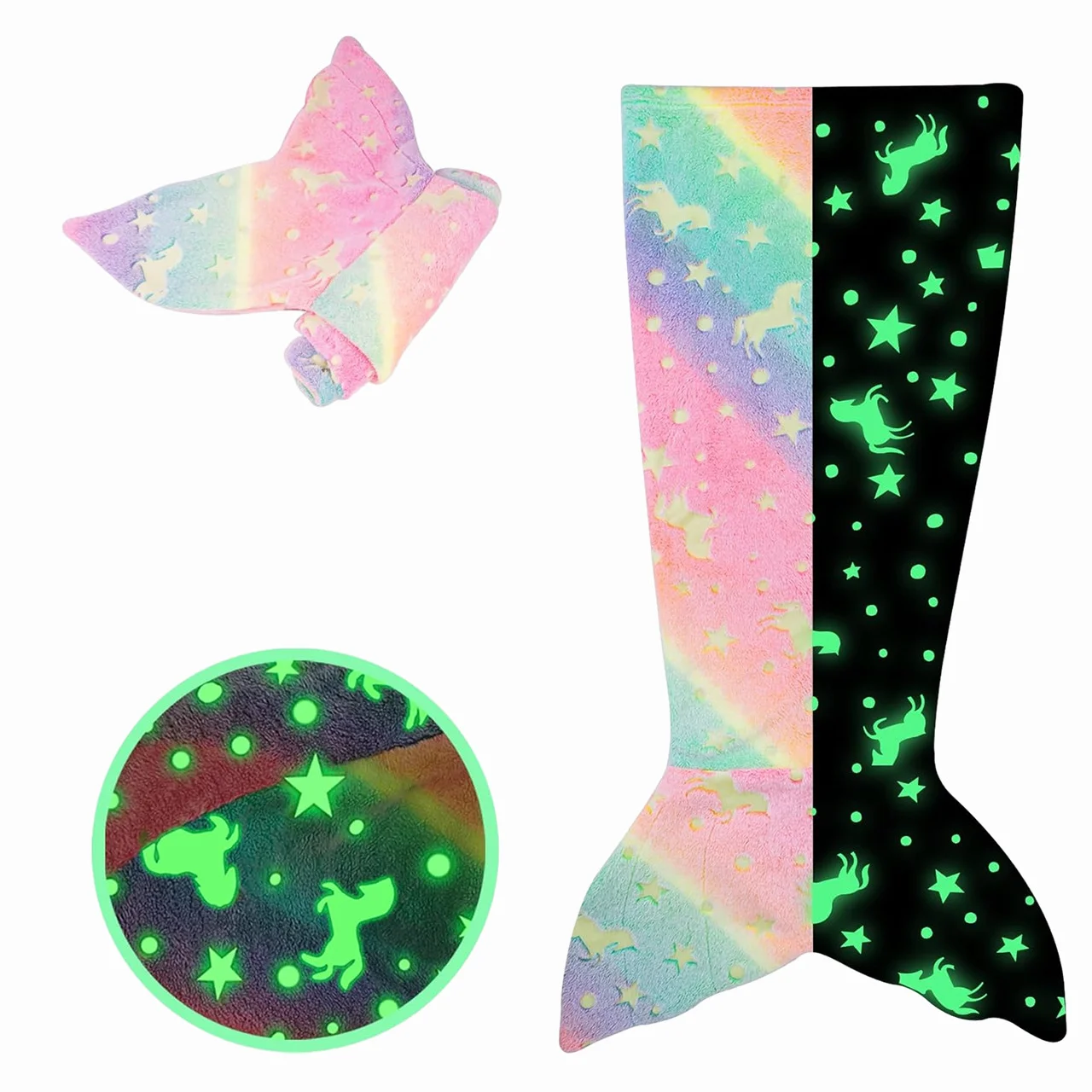

New Night Glow Mermaid Tail Blanket Cartoon Rainbow Unicorn TailSuper Soft Flannel Wearable Gifts for Girls for All Season