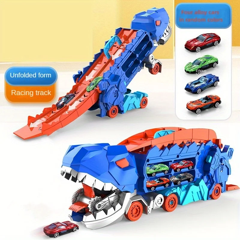

Large transport dinosaur truck folds and slides 25 inches onto the track turning four alloy buggies into standing Tyrannosaurus