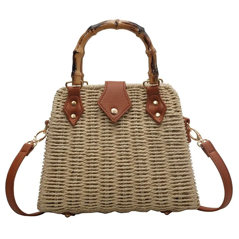 

NEW-Women Handmade Straw Crossbody Bag Handwoven Basket Handbag Shoulder Bag Summer Beach Weave Bamboo Handle Hobo Purse