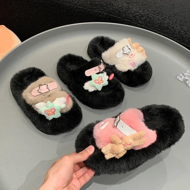 Multi-color Girls Slippers with Anti Slip Warm Cartoon Rabbit Winter Suede Casual Flat Heel One Line Slippers Sandalias De Mujer