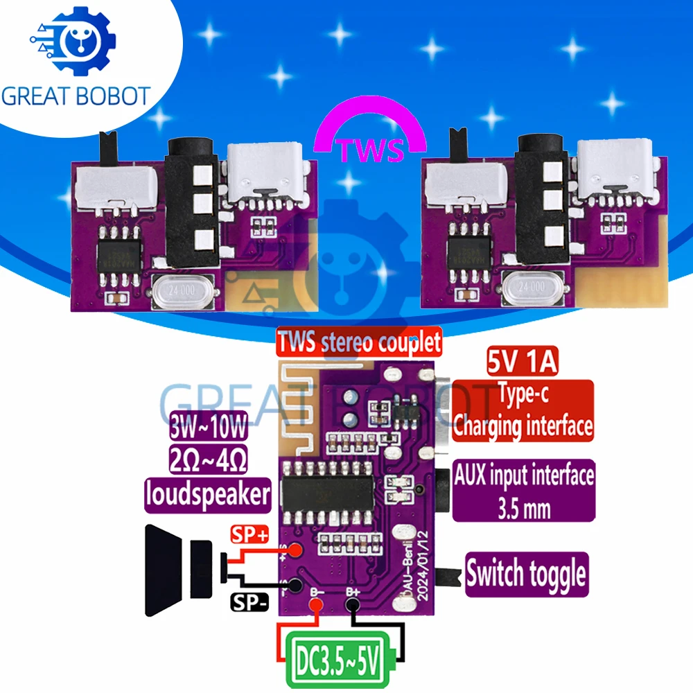 DC 3.5V-5V 5W Bluetooth -compatibe 5.4 Mono Amplifier Decoder =MP3 Player TWS 3.5mm AUX Module Receiver DIY Handmade Speaker