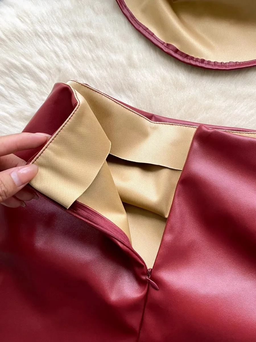 Foamlina American Ins Trendy Plissee Taille Ärmelloses Tube Top + Damen Enger Leder Pu Rock Zweiteiliger Minirock Anzug