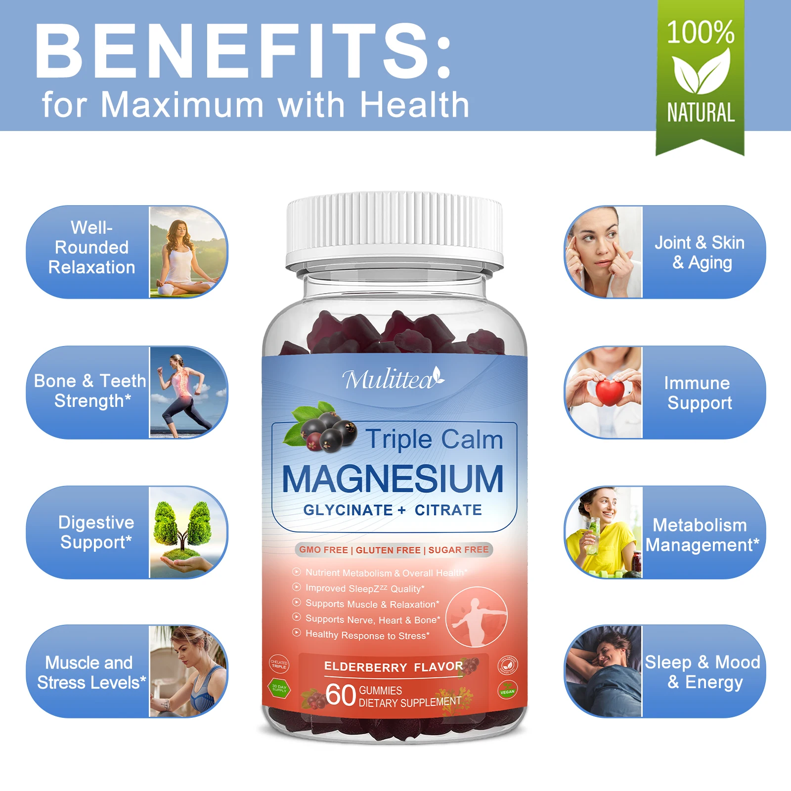 Mulittea Calcium Magnesium Gummies Vitamin D3 Support Strong Bones Teeth Heart and Enhance Immune System Function