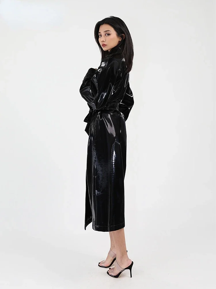 Shiny Patent Leather Turn-Down Collar Trench Coat with Belt for Women, Gothic Faux Latex, PU Long Sleeve Overcoat, Winter Custom