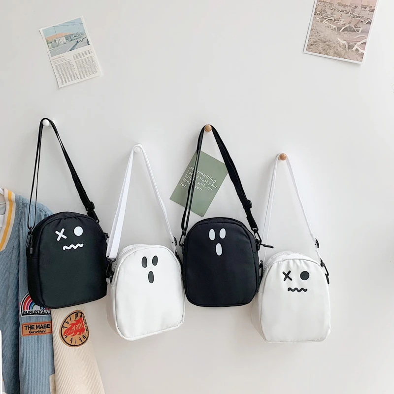 Nero bianco divertente carino fantasma Kawaii donne borsa di tela cartone animato Shopper borsa donna borse a tracolla