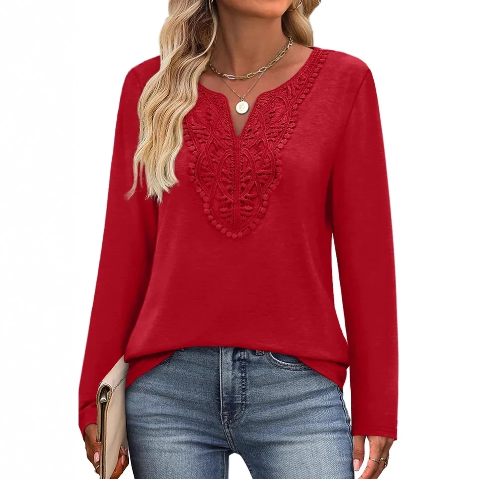 

T-shirts Lace V-neck Long-sleeved Solid Color Pullover Top For Women's Summer Lace Stitching Bohemian Vacation All-match T-shirt