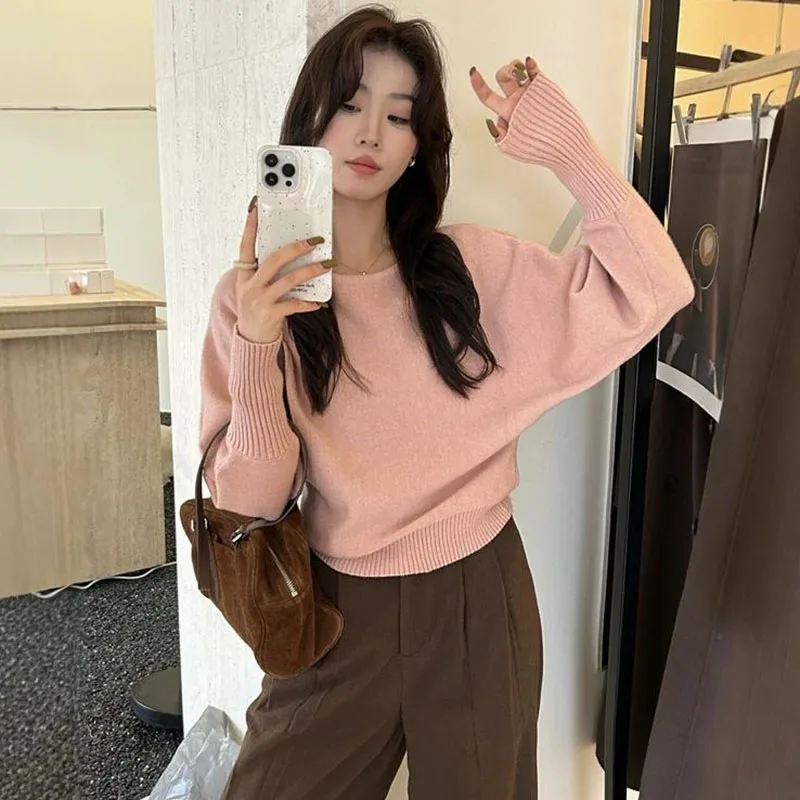 Elegant Off Shoulder Slash Neck Sweater Female Vintage Simple Autumn Short Knit Jumper Fashion Streetwear Loose Knit Sweaters