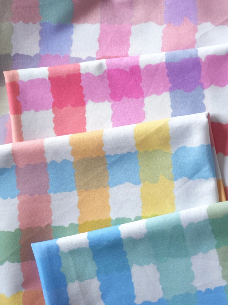 Plaid Colorful Fabric Cotton Digital Printing,Sewing Handmade DIY Baby Clothes Dresses by Half Meter